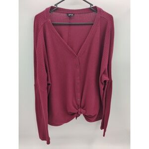 a.n.a Womens XXL Waffle Knit‎ Button Front Tie Long Sleeve Top Burgundy